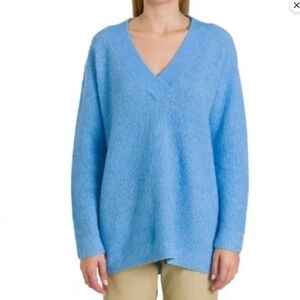 GANNI V-Neck Long Sleeve Alpaca Wool Blend Blue Pull-Over Oversized Sweater